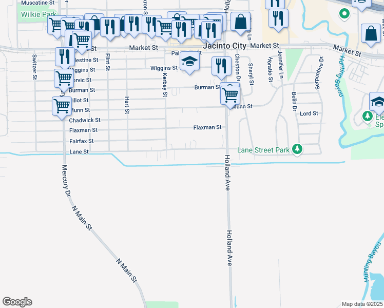 map of restaurants, bars, coffee shops, grocery stores, and more near 10902 Lane Street in Houston