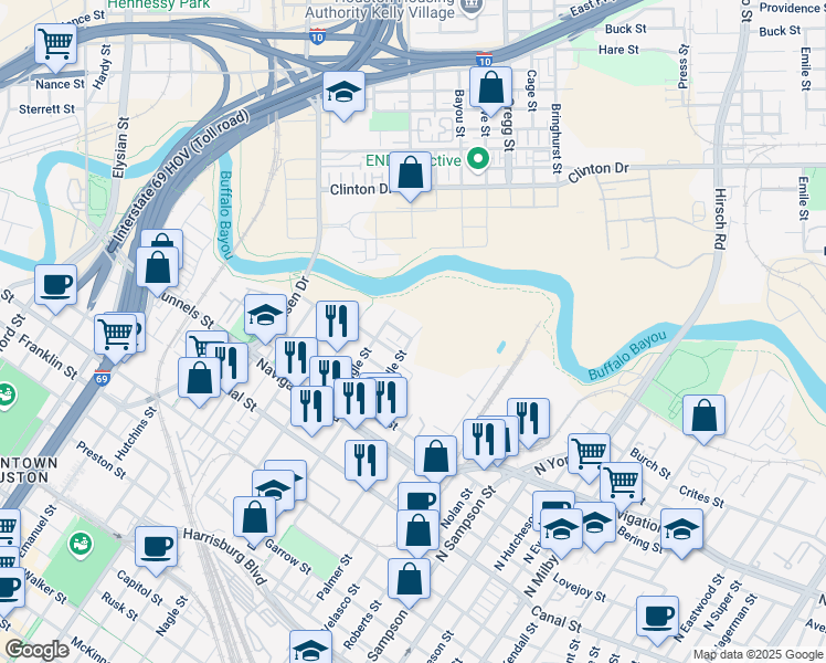 map of restaurants, bars, coffee shops, grocery stores, and more near 2777 Freund Street in Houston