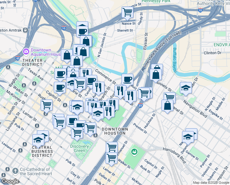 map of restaurants, bars, coffee shops, grocery stores, and more near 200 Crawford Street in Houston