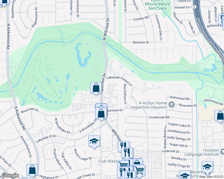 map of restaurants, bars, coffee shops, grocery stores, and more near 301 Wilcrest Drive in Houston