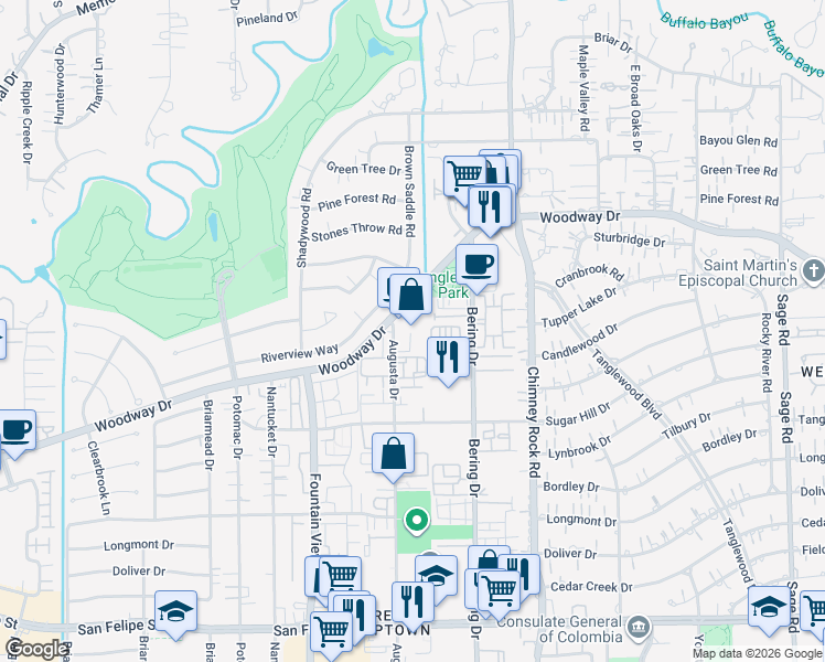 map of restaurants, bars, coffee shops, grocery stores, and more near 5771 Woodway Drive in Houston