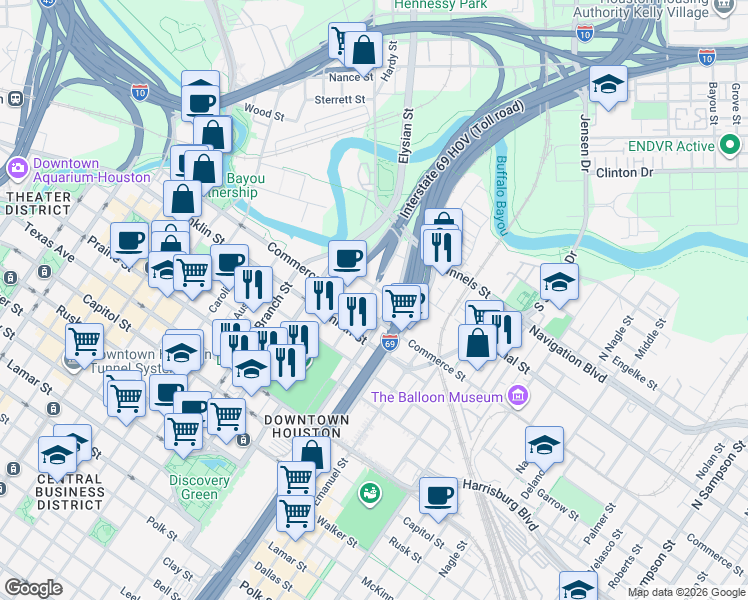 map of restaurants, bars, coffee shops, grocery stores, and more near 20 Chenevert Street in Houston