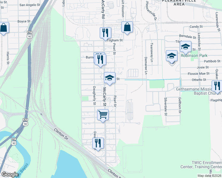 map of restaurants, bars, coffee shops, grocery stores, and more near 1800 McCarty Street in Houston