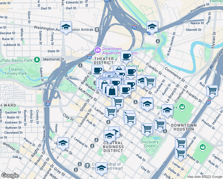 map of restaurants, bars, coffee shops, grocery stores, and more near 711 Louisiana Street in Houston
