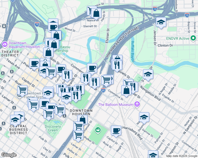 map of restaurants, bars, coffee shops, grocery stores, and more near 20 Chenevert Street in Houston