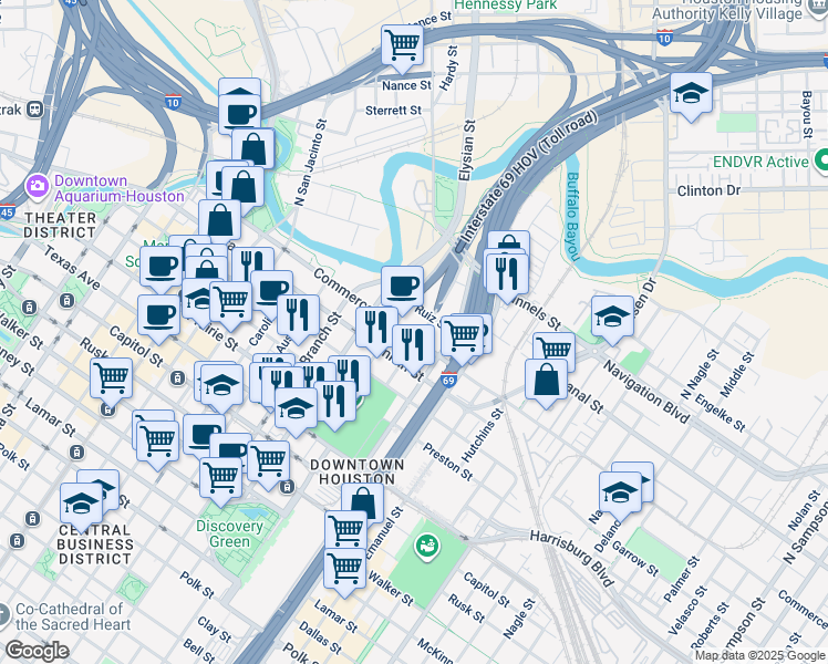 map of restaurants, bars, coffee shops, grocery stores, and more near 120 Jackson Street in Houston