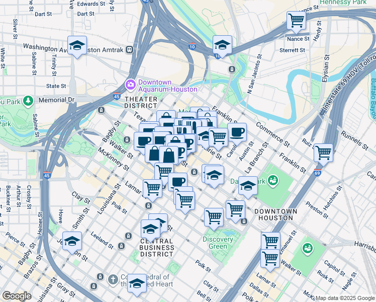 map of restaurants, bars, coffee shops, grocery stores, and more near 502 Main Street in Houston