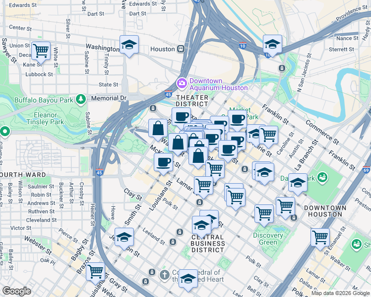 map of restaurants, bars, coffee shops, grocery stores, and more near 625 Walker Street in Houston