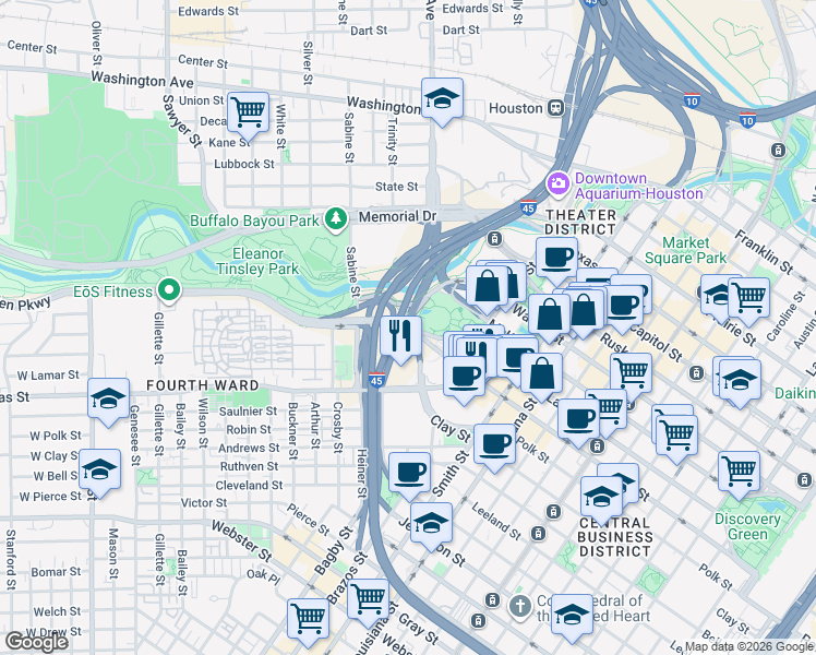 map of restaurants, bars, coffee shops, grocery stores, and more near 301-349 Lamar Street in Houston
