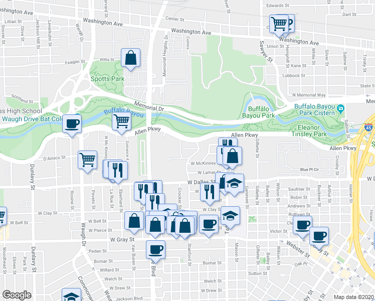 map of restaurants, bars, coffee shops, grocery stores, and more near 2030 Buffalo Terrace in Houston