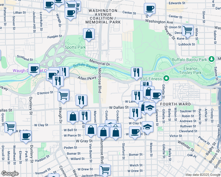 map of restaurants, bars, coffee shops, grocery stores, and more near 2121 Allen Parkway in Houston