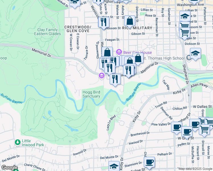 map of restaurants, bars, coffee shops, grocery stores, and more near 101 Westcott Street in Houston