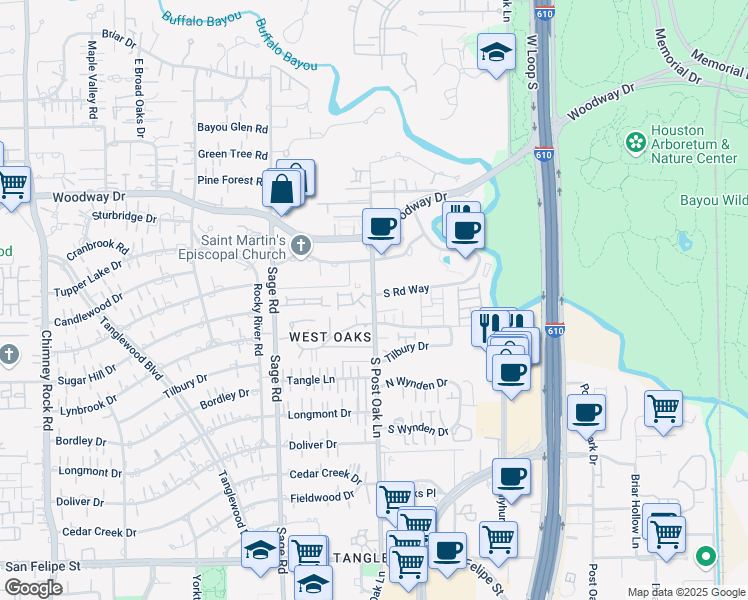 map of restaurants, bars, coffee shops, grocery stores, and more near 807 South Post Oak Lane in Houston