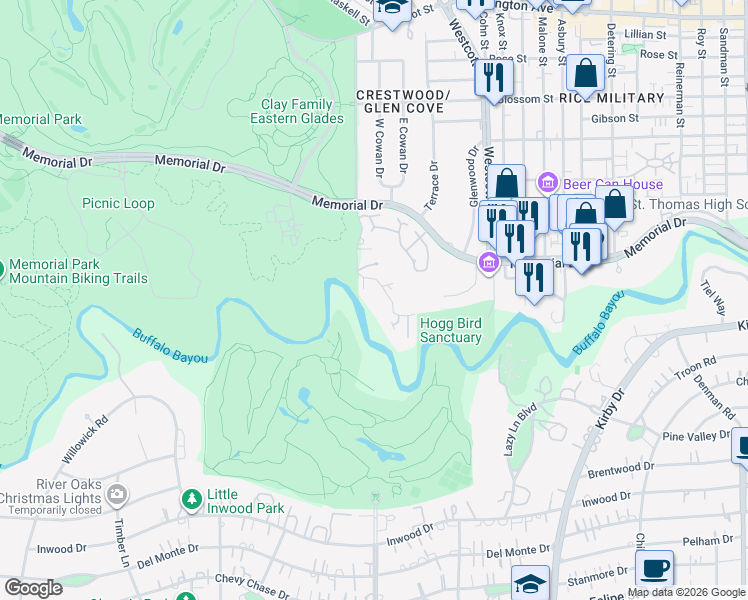 map of restaurants, bars, coffee shops, grocery stores, and more near 19 Crest Wood Drive in Houston