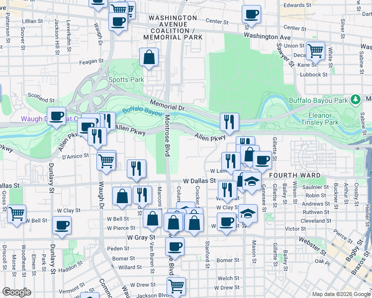 map of restaurants, bars, coffee shops, grocery stores, and more near 2121 Allen Parkway in Houston