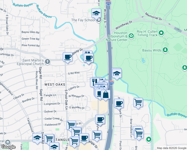 map of restaurants, bars, coffee shops, grocery stores, and more near 4734 Post Oak Timber Drive in Houston