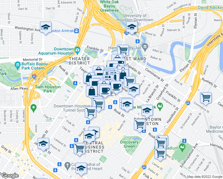 map of restaurants, bars, coffee shops, grocery stores, and more near Main Street & Texas Avenue in Houston