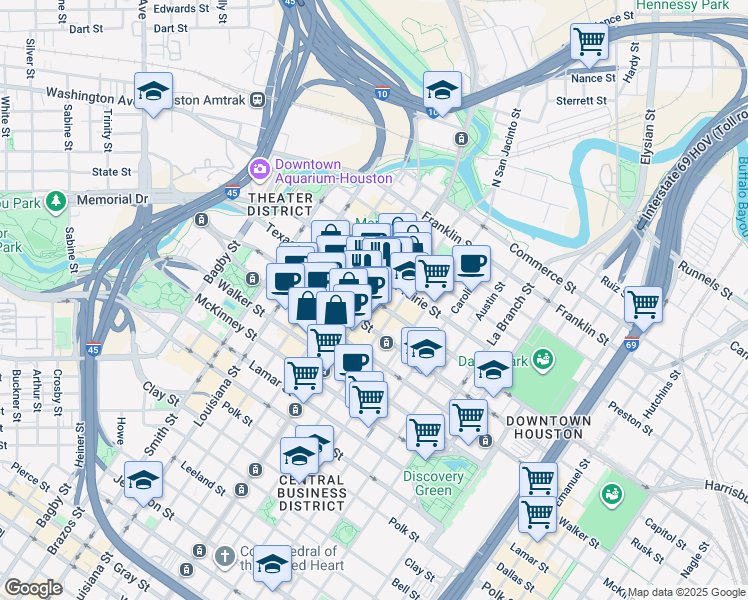 map of restaurants, bars, coffee shops, grocery stores, and more near 502 Main Street in Houston