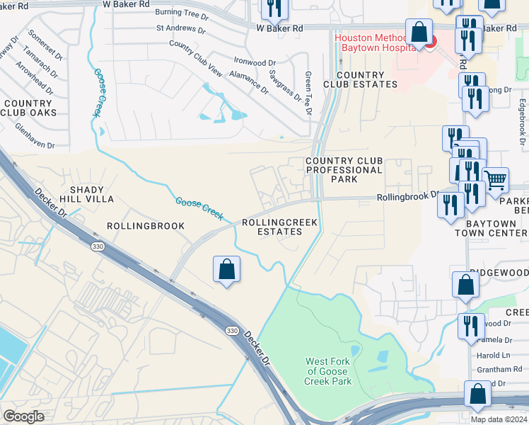 map of restaurants, bars, coffee shops, grocery stores, and more near 2701 Rollingbrook Drive in Baytown