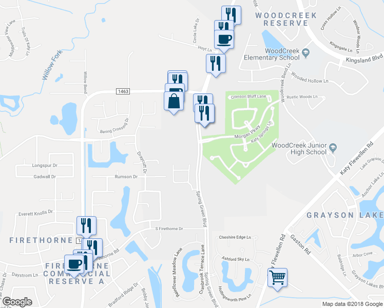 map of restaurants, bars, coffee shops, grocery stores, and more near 2327 Harstad Manor Drive in Katy