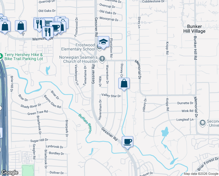 map of restaurants, bars, coffee shops, grocery stores, and more near 210 Warrenton Drive in Houston