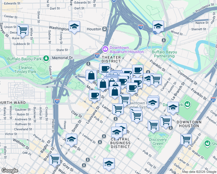 map of restaurants, bars, coffee shops, grocery stores, and more near 611 Walker Street in Houston