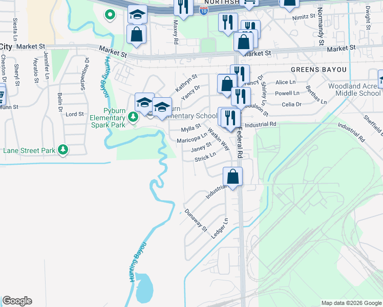 map of restaurants, bars, coffee shops, grocery stores, and more near 12418 Janey Street in Houston