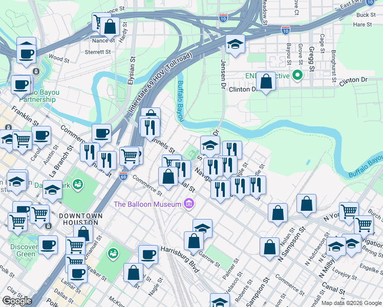 map of restaurants, bars, coffee shops, grocery stores, and more near 2311 Runnels Street in Houston