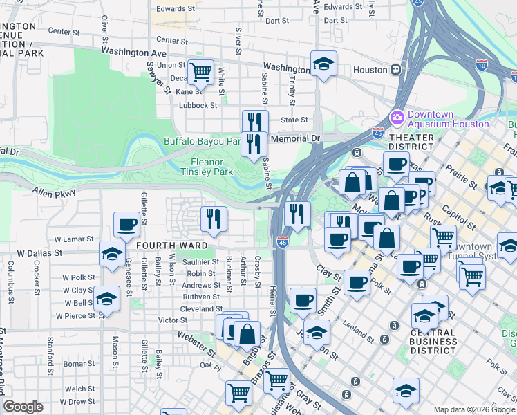 map of restaurants, bars, coffee shops, grocery stores, and more near 526 Waugh Drive in Houston