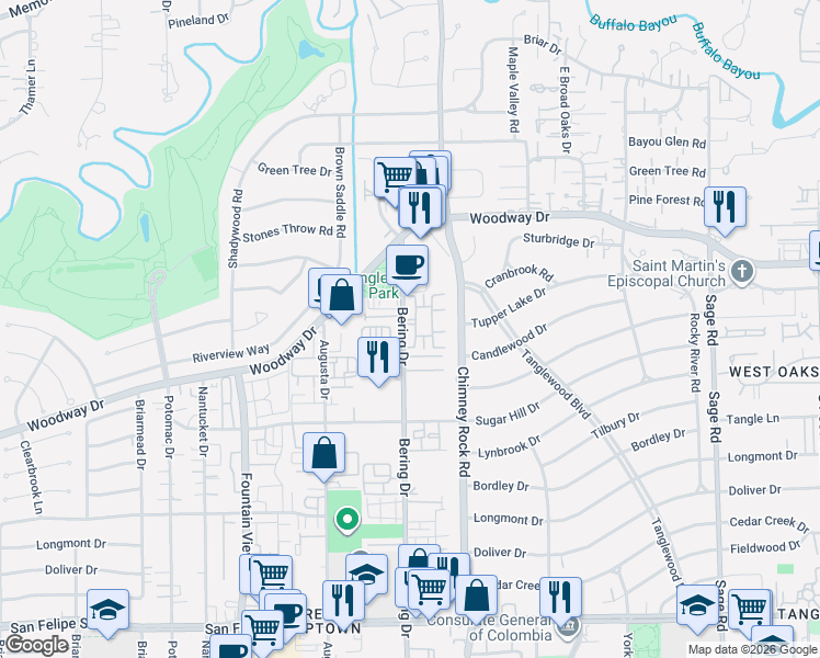 map of restaurants, bars, coffee shops, grocery stores, and more near 705 Bering Drive in Houston