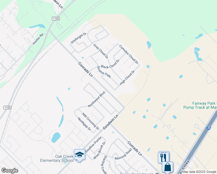 map of restaurants, bars, coffee shops, grocery stores, and more near 741 Great Cloud Drive in New Braunfels