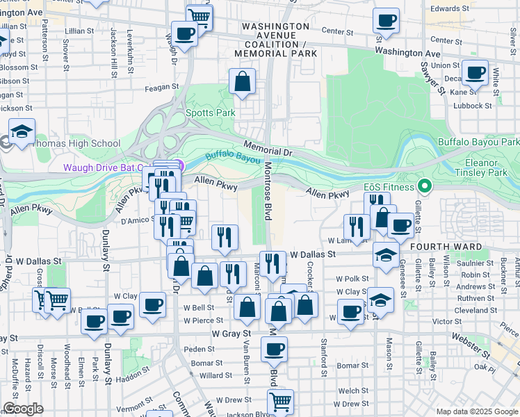 map of restaurants, bars, coffee shops, grocery stores, and more near 816 Montrose Boulevard in Houston