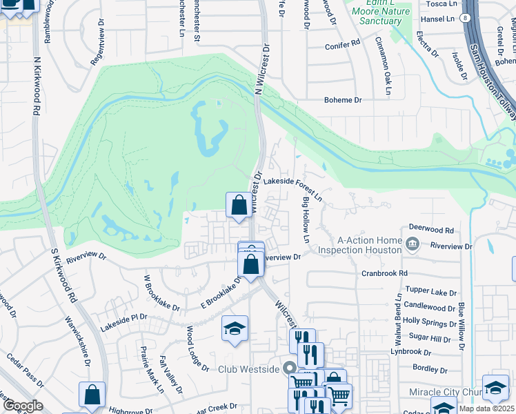 map of restaurants, bars, coffee shops, grocery stores, and more near 489 Wilcrest Drive in Houston