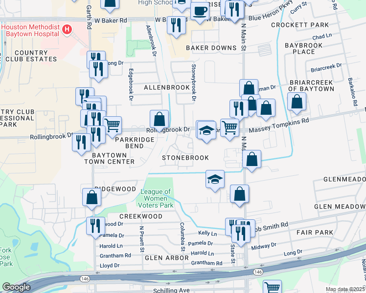 map of restaurants, bars, coffee shops, grocery stores, and more near Unnamed Road in Baytown