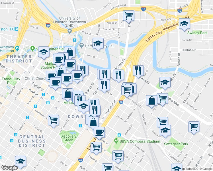 map of restaurants, bars, coffee shops, grocery stores, and more near 1701 Commerce Street in Houston