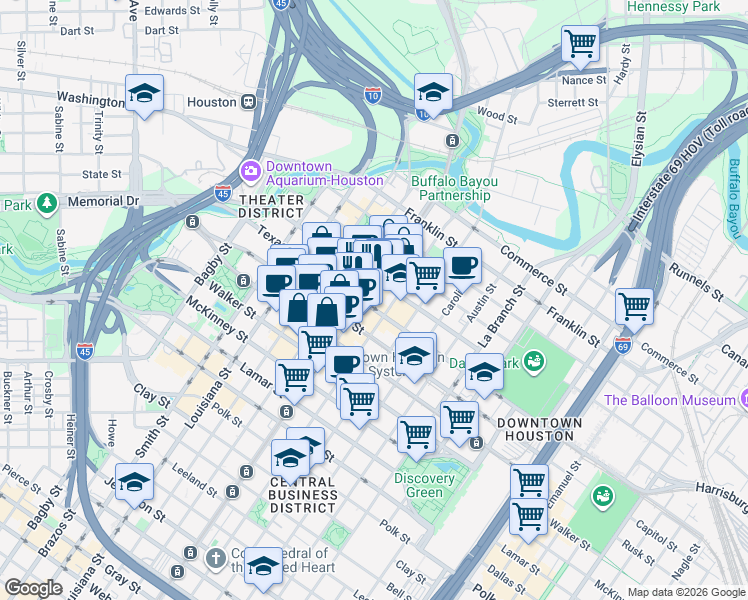 map of restaurants, bars, coffee shops, grocery stores, and more near 502 Main Street in Houston