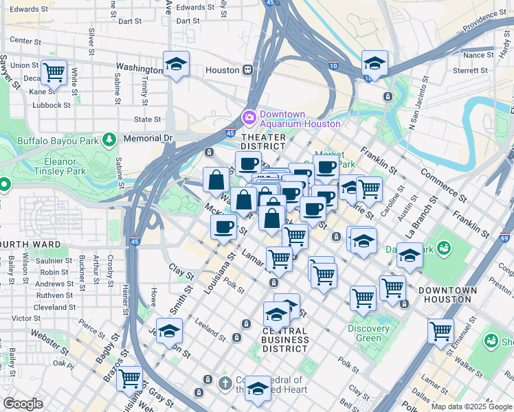 map of restaurants, bars, coffee shops, grocery stores, and more near 625 Walker Street in Houston
