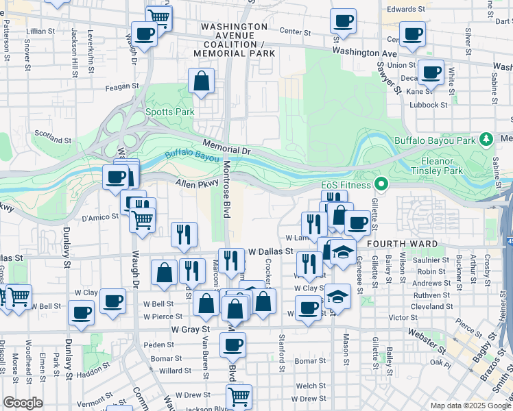map of restaurants, bars, coffee shops, grocery stores, and more near 2121 Allen Parkway in Houston
