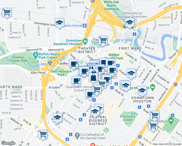map of restaurants, bars, coffee shops, grocery stores, and more near 698 Rusk St in Houston