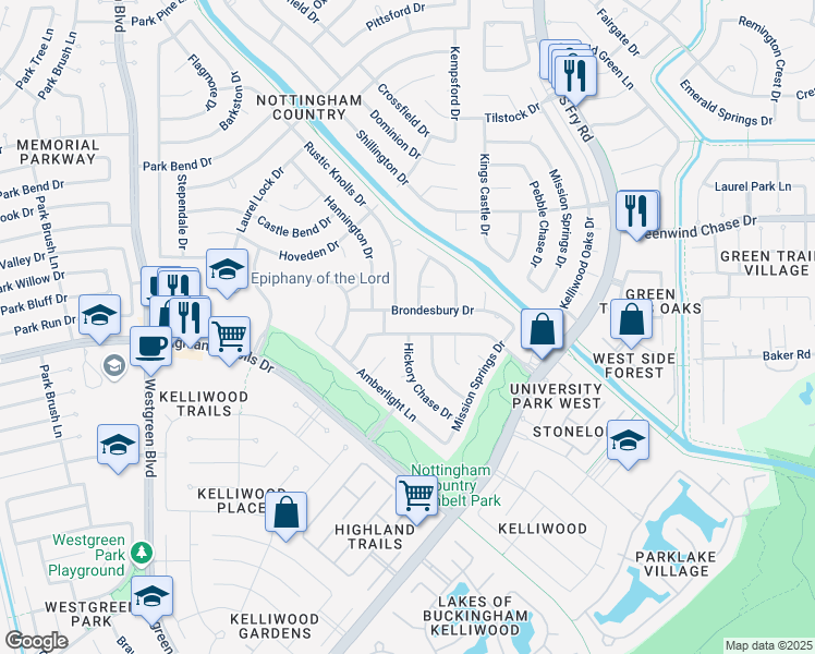 map of restaurants, bars, coffee shops, grocery stores, and more near 20310 Chateau Bend Drive in Katy