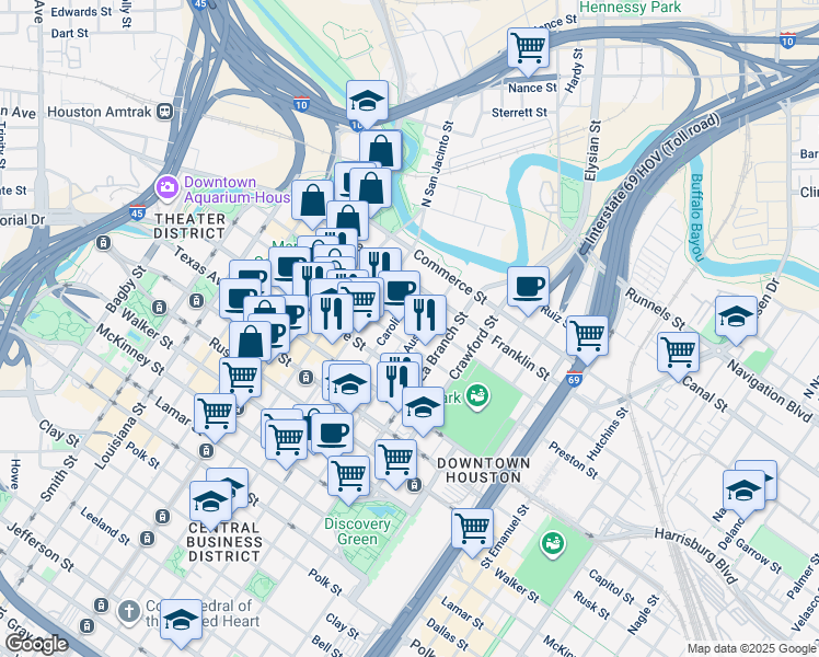 map of restaurants, bars, coffee shops, grocery stores, and more near 1311 Preston Street in Houston