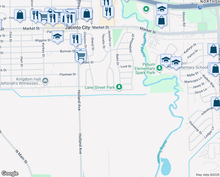 map of restaurants, bars, coffee shops, grocery stores, and more near 1729 Jennifer Ln in Houston