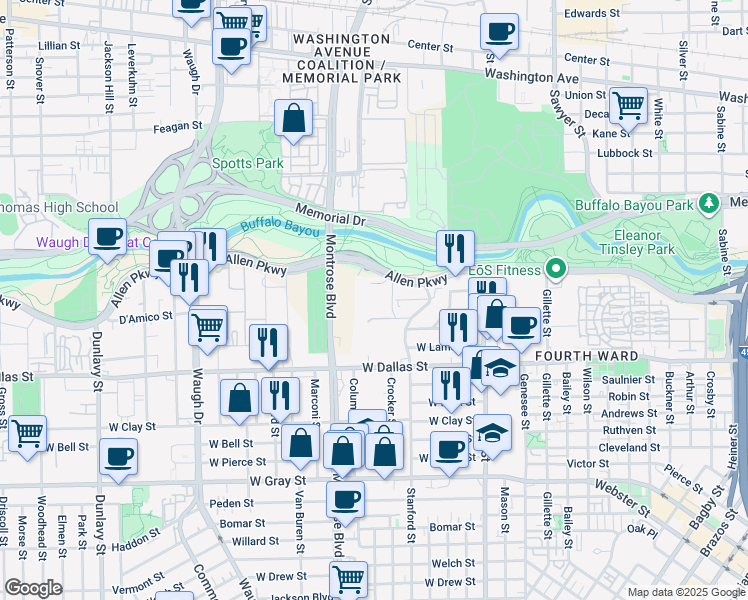map of restaurants, bars, coffee shops, grocery stores, and more near 2121 Allen Parkway in Houston
