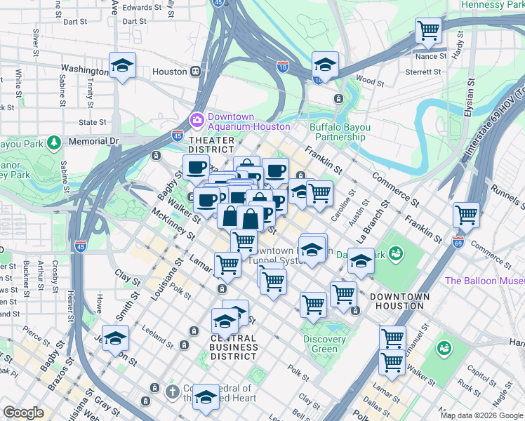 map of restaurants, bars, coffee shops, grocery stores, and more near 600 Travis Street in Houston