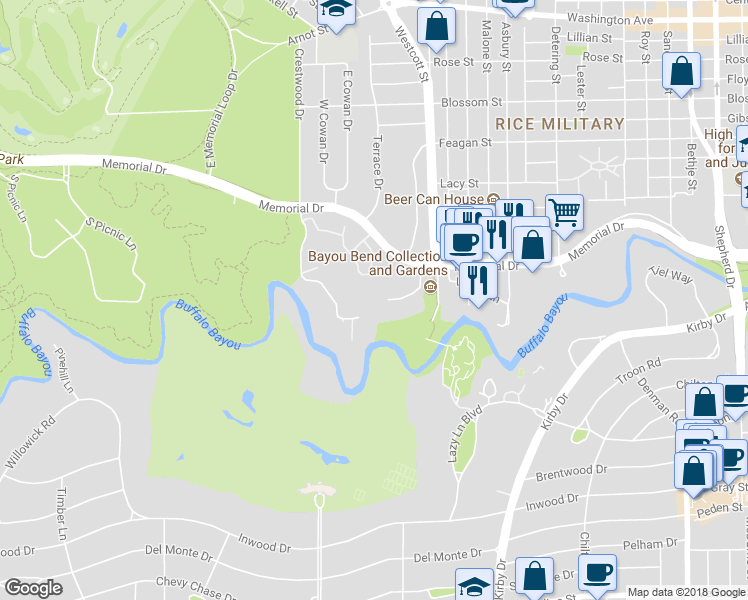 map of restaurants, bars, coffee shops, grocery stores, and more near 6040 Glencove Street in Houston