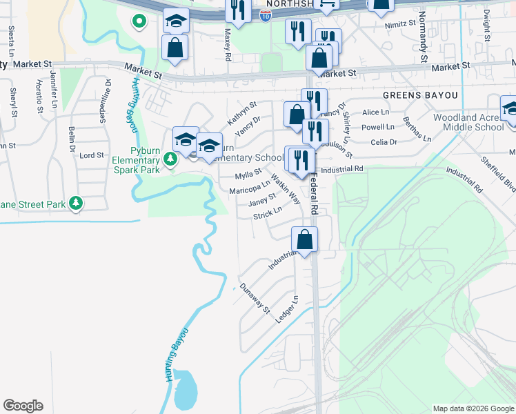 map of restaurants, bars, coffee shops, grocery stores, and more near 12418 Janey Street in Houston
