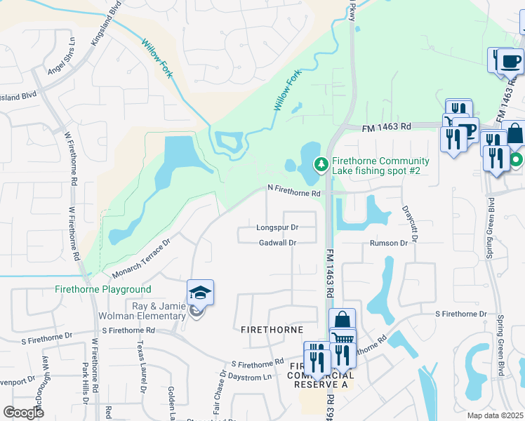 map of restaurants, bars, coffee shops, grocery stores, and more near 2218 Arrowwood Trail in Katy
