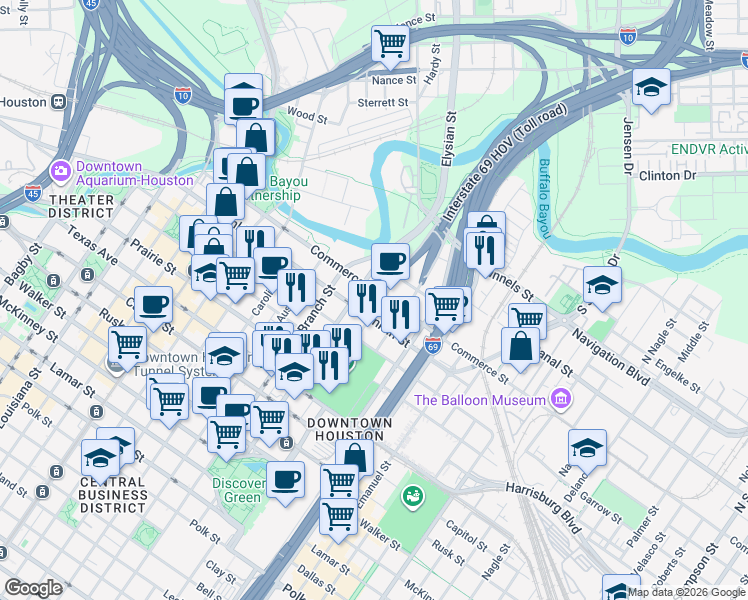 map of restaurants, bars, coffee shops, grocery stores, and more near 100 Jackson Street in Houston