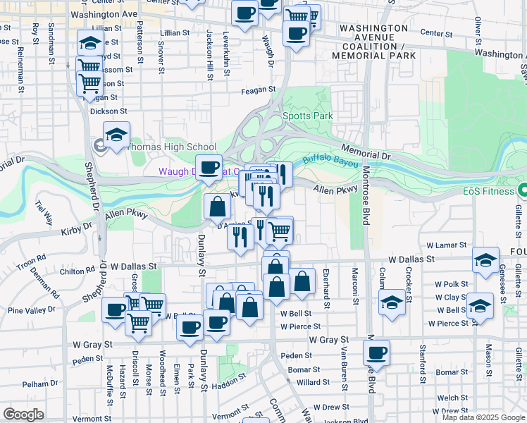 map of restaurants, bars, coffee shops, grocery stores, and more near 546 Waugh Drive in Houston