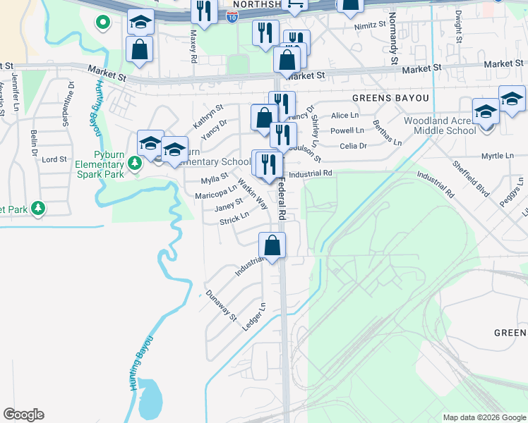 map of restaurants, bars, coffee shops, grocery stores, and more near 1712 Watkin Way in Houston